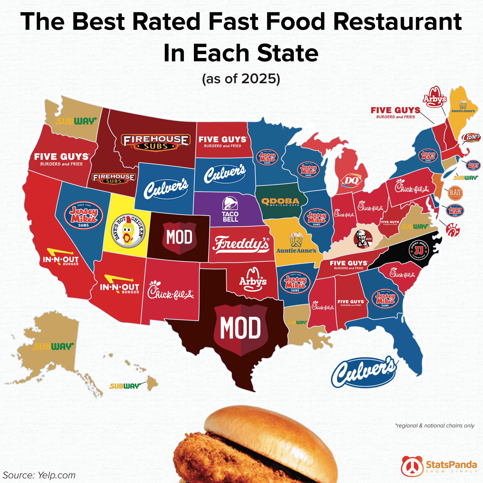 Map showing the best rated fast food restaurant in each U.S. state