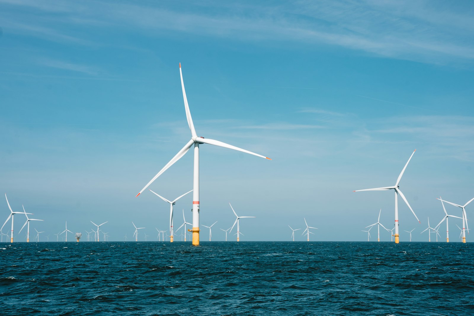Offshore wind turbines producing renewable energy in the Belgian North Sea